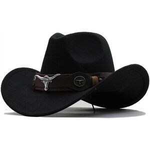Unisex Black 100% Polyester Bull Skull Band Classic Fedora Felt Cowboy Hat